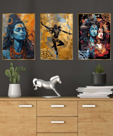 Set of Three Wall Paintings for Wall Dacoration Golden Framed Wall Paintings for Living Room & Bedroom Wall Art for Home Decoration & Office Wall Décor (18x12 inch CH-GD3-2)