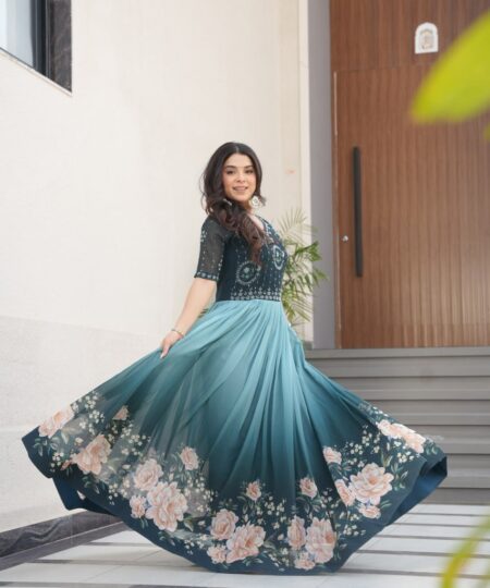 Women's Elegant Teal & Aqua Ombre Gown with Floral Printed Flair & Embellished Bodice – Perfect for Summer Festivities & Parties
