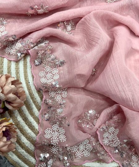 Women's Soft Pink Organza Saree with Delicate Pearl & Sequin Floral Embroidery – Lightweight Sheer Drape for Festive, Wedding & Party Wear